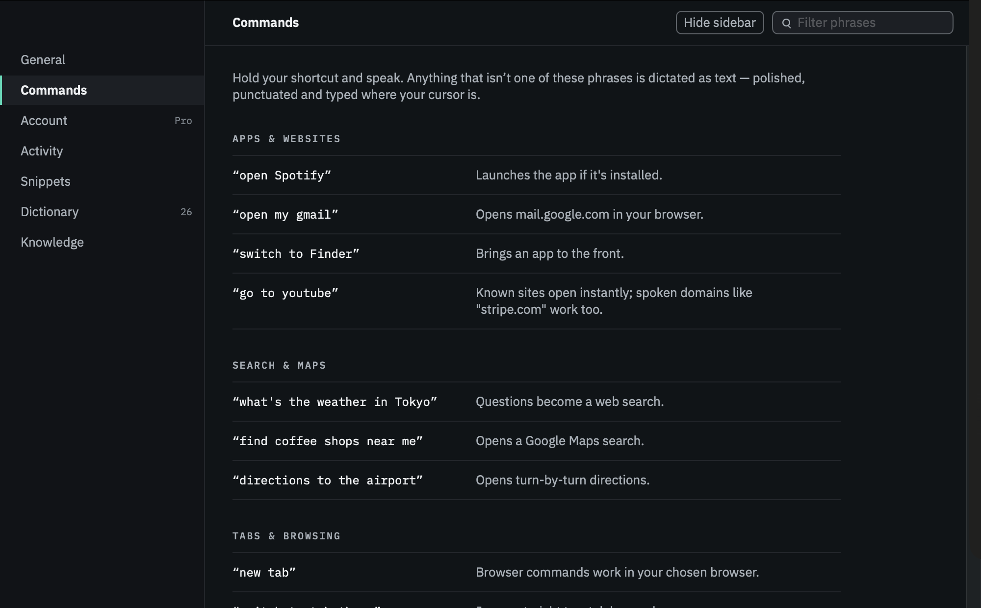 LoudInk's Commands settings pane: the built-in phrases in mono — open Spotify, what's the weather in Tokyo, switch to tab three — grouped under Apps & websites, Search & maps, and Tabs & browsing, each with a plain-language description of what it does.
